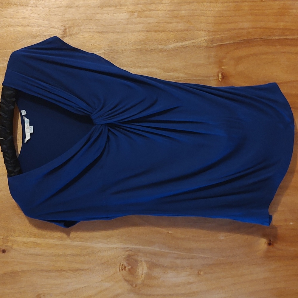 Boden Cap Sleeve Tee Cobalt Blue V-Neck w/ Offset Twist Neckline Viscose/Wool 6